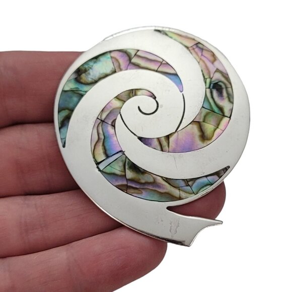 Mexico TH-24 925 Sterling Silver Abalone Inlay Snail Spiral Brooch Pendant L48 - Picture 2 of 9